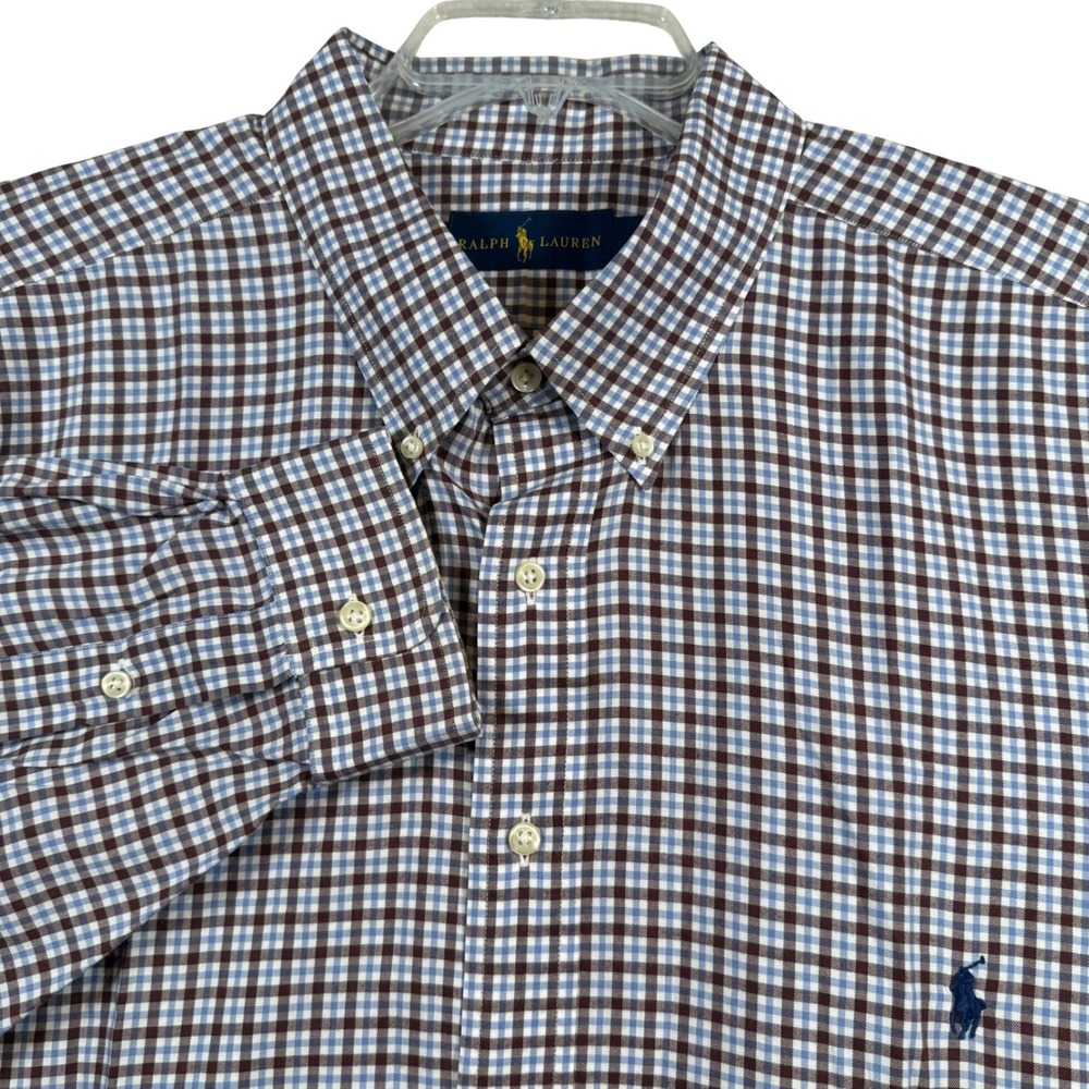 Ralph Lauren Button Down Shirt Mens 3XB Brown Blue Gingham Plaid Cotton
